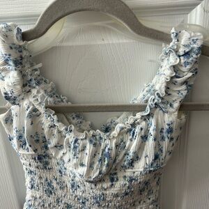Garage White and Blue Smocked floral Top